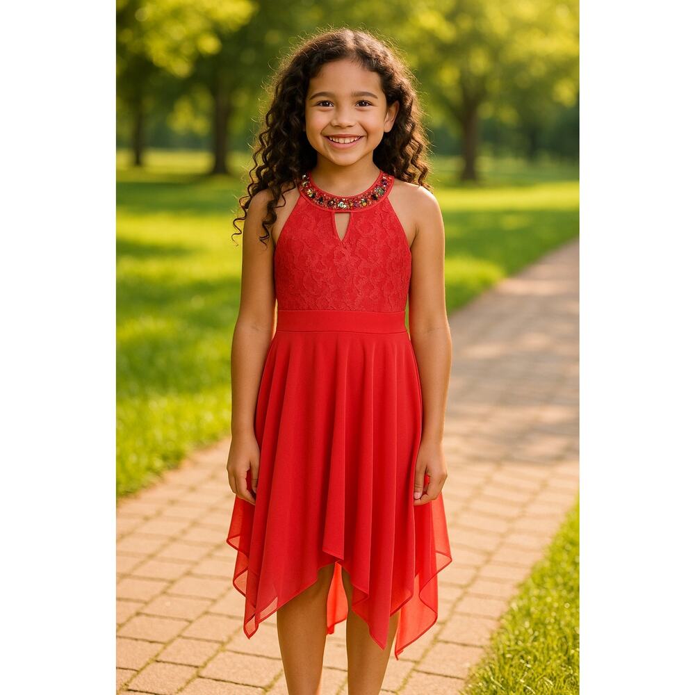 Tween Diva Girl's Coral Lace Jeweled Formal Dress Size 8 NWT
